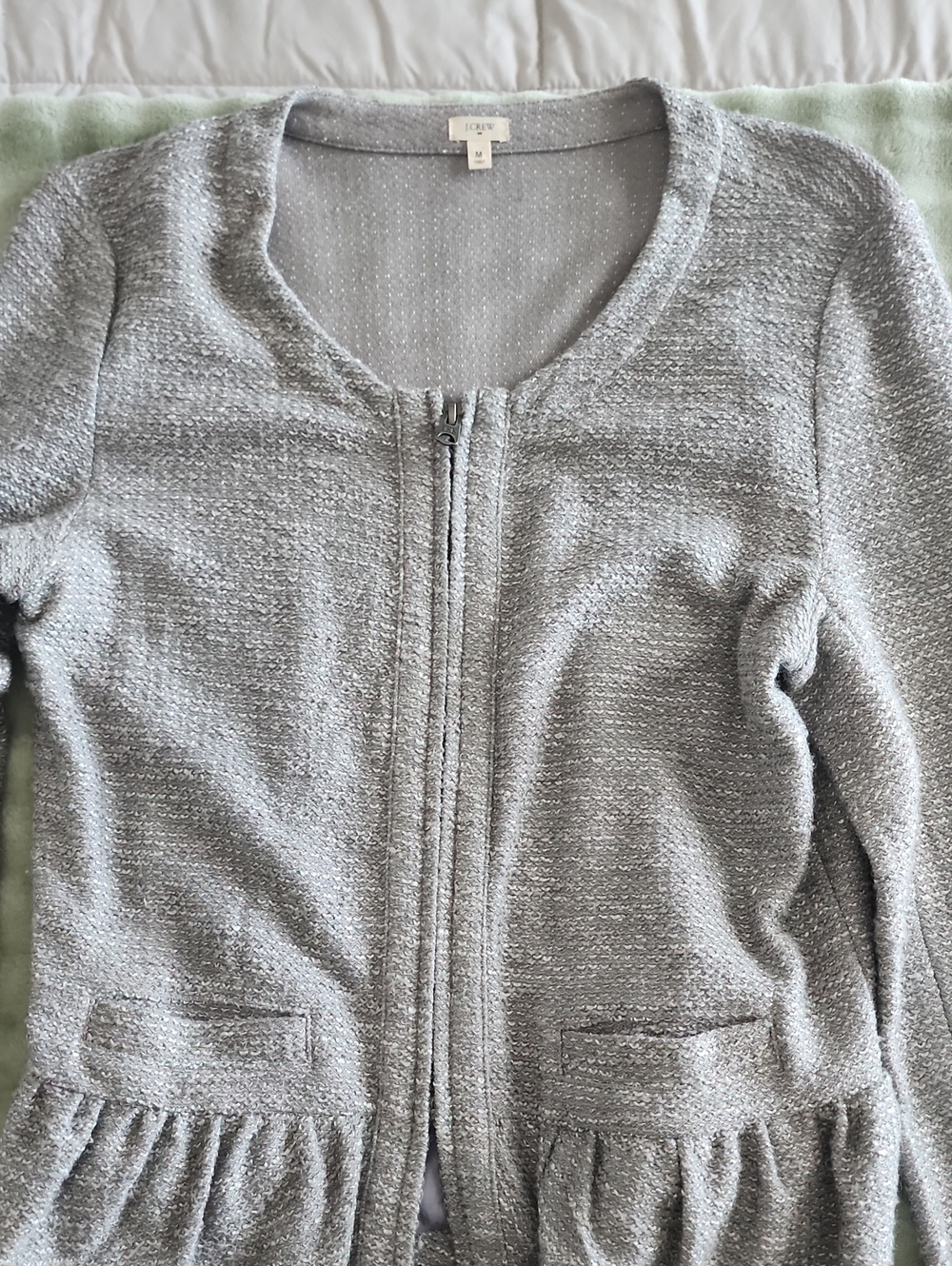 J. Crew Women's Light Gray Zip-Front Knit Crewneck Sweater